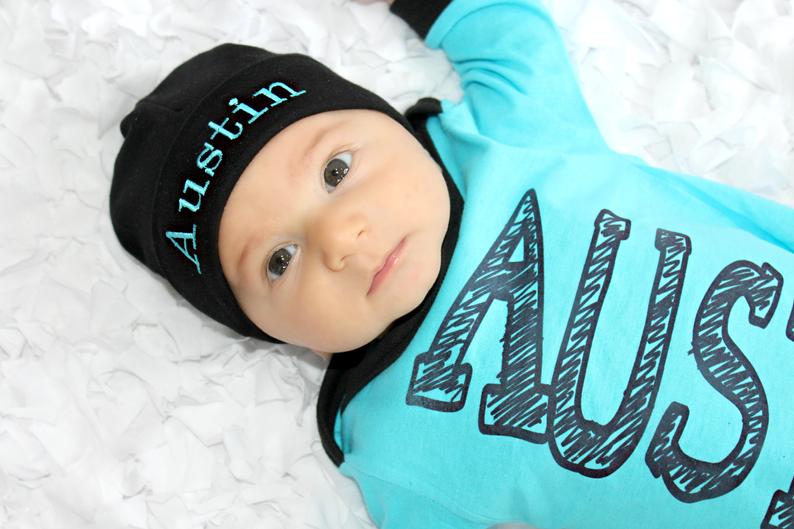 Boys Turquoise & Black Personalized Newborn Gown with Matching Hat