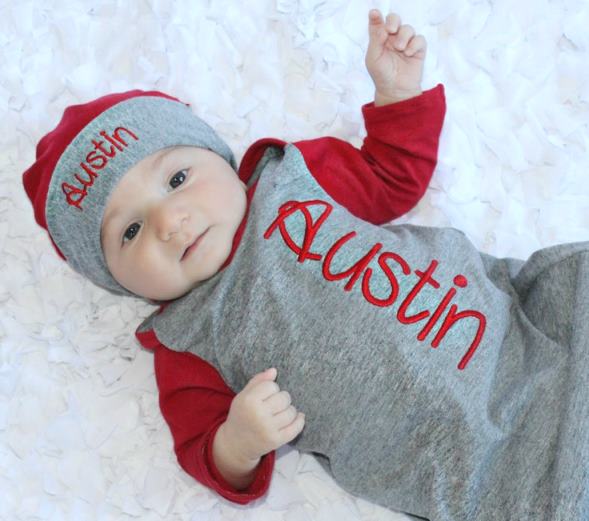 Boys Personalized Newborn Red & Gray Gown with Matching Hat