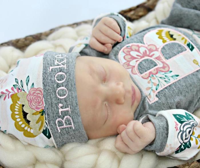 Baby Girls Personalized Initial Floral Gray Newborn Gown