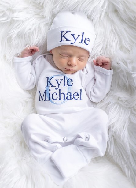 Newborn Boys White Navy & Baby Blue Personalized Romper with Matching Hat