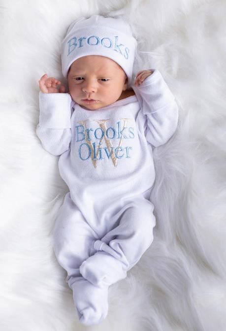 Beige and Baby Blue Newborn Personalized Romper with Matching Hat