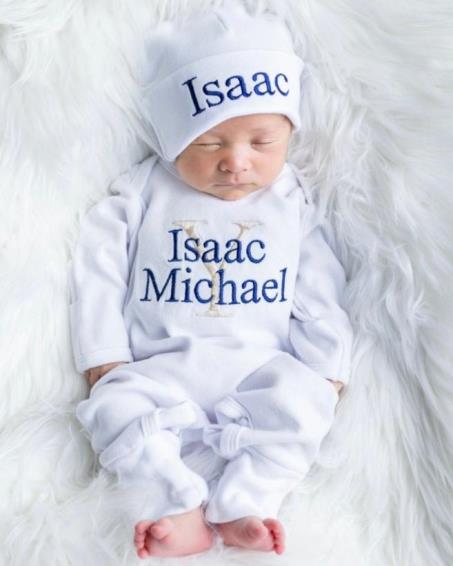 Beige and Navy Blue Newborn Personalized Romper with Matching Hat
