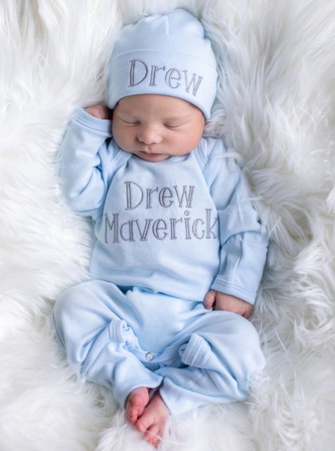 Newborn Boys Baby Blue & Gray Personalized Romper with Matching Hat