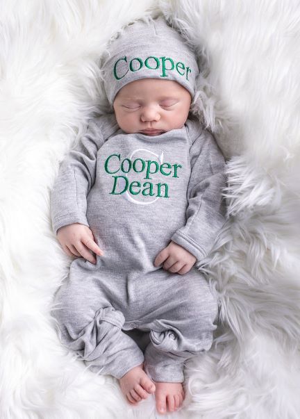 Newborn Boys Dark Green & Gray Personalized Romper with Matching Hat
