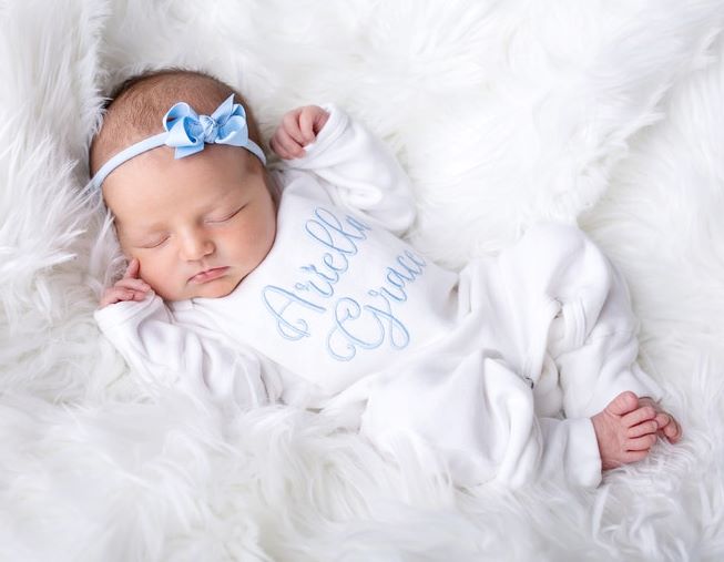 Girls Baby Blue & White Personalized Romper with Matching Headband