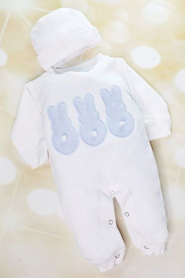 Baby Boys Blue & White Easter Bunny Romper with Hat