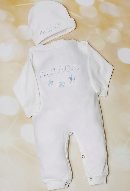 Baby Boys Blue & White Personalized Stars Romper with Matching Hat