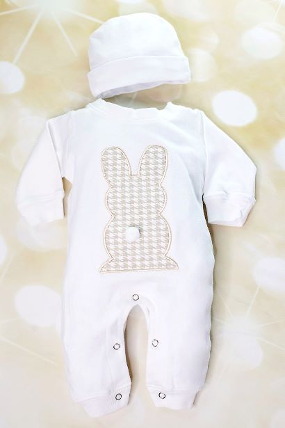 Baby Boys Personalized White & Oatmeal Easter Bunny Romper with Matching Hat
