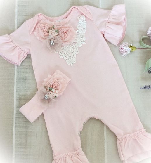Pink Lace Victorian Floral Ruffle Romper