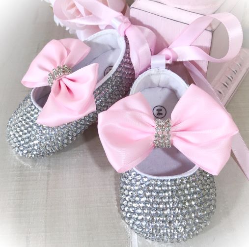 Crystal Baby Crib Shoes with Satin Bows