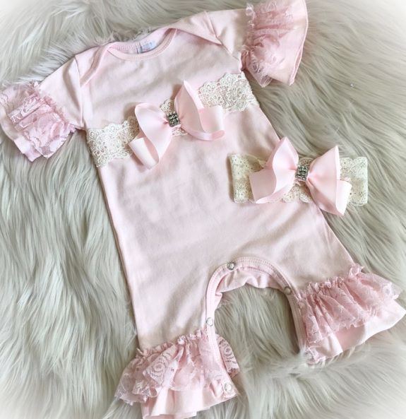 Rhinestone Bow Couture Ruffle Lace Romper with Matching Headband