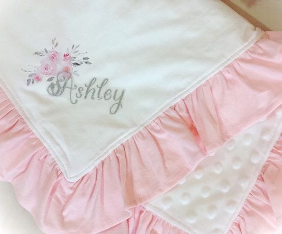 Ivory & Pink Personalized Minky Ruffle Receiving Blanket for Baby Girl