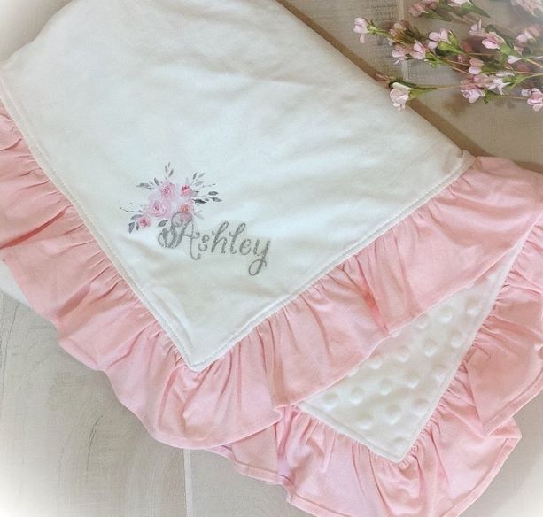 Ivory & Pink Personalized Minky Ruffle Receiving Blanket for Baby Girl