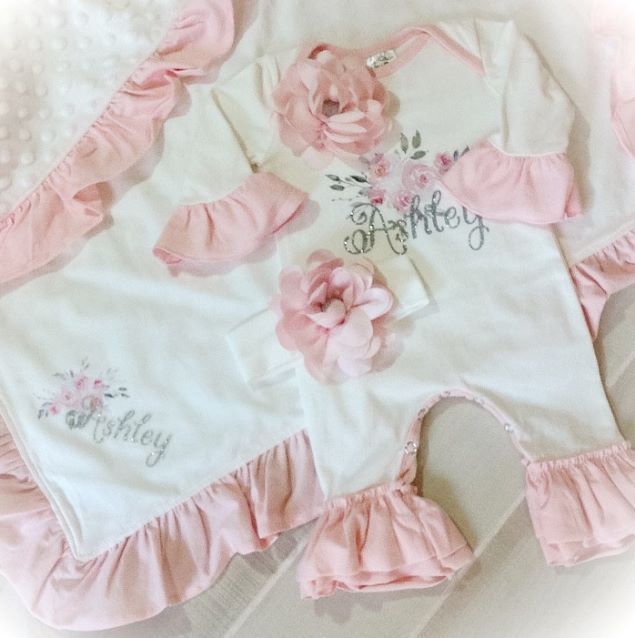 Floral Pink & Ivory Ruffle Personalized Couture Romper