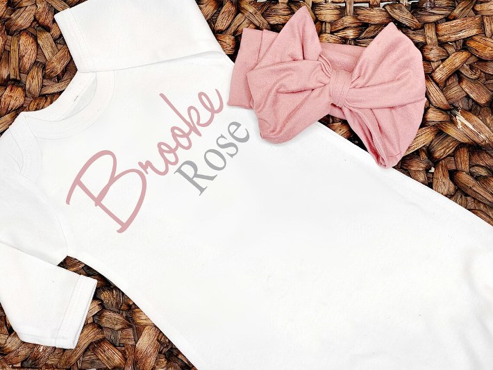 Baby Girls Personalized Blush & Gray Gown with Matching Headband