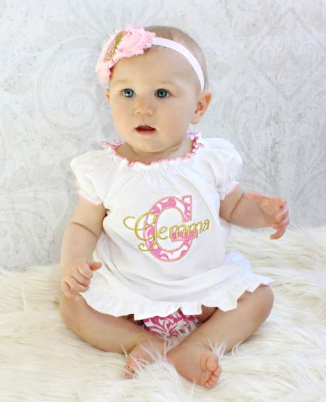 Pink & Gold Damask Personalized Baby Girl Dress Outfit Set