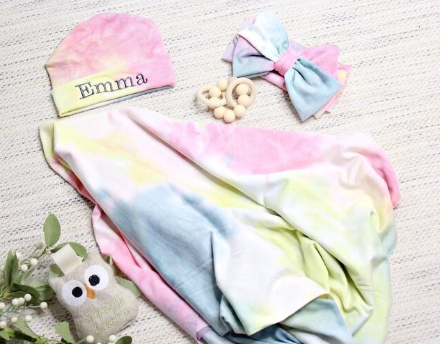 Baby Girls Pastel Rainbow Tie Dye Personalized Swaddle Set