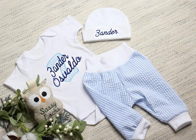 Baby Boys Personalized Blue Gingham Pants Outfit Set