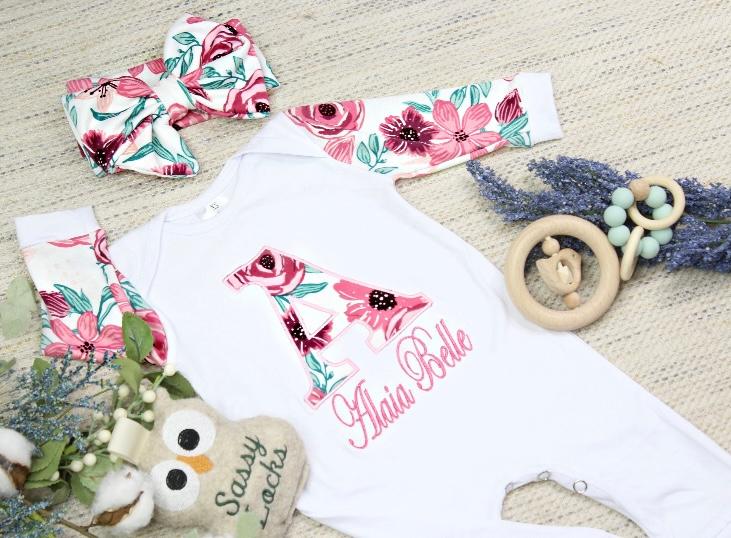 Baby Girls Pink Floral & White Personalized Romper