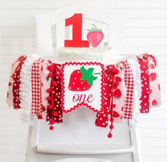 Girls First Birthday Strawberry Highchair Banner