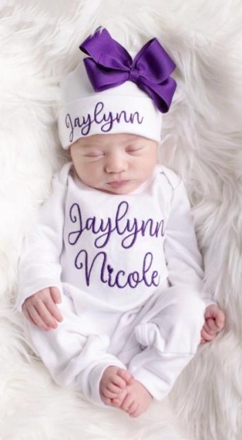 Newborn Girls Purple & White Personalized Romper with Matching Hat