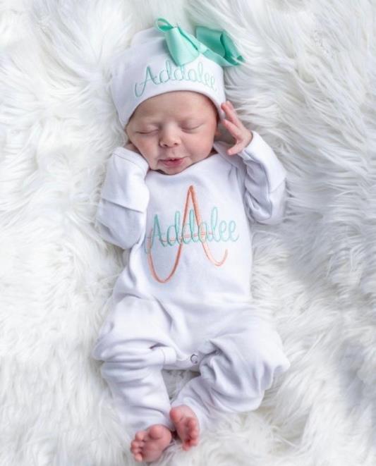 White, Aqua & Coral Newborn Baby Girls Personalized Romper with Hat