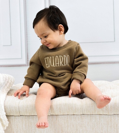 Baby Boys Brown Personalized Bubble Sweatshirt Romper