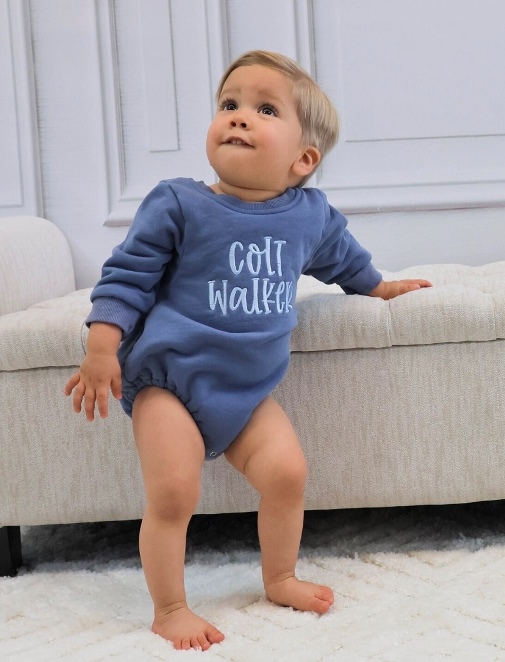 Baby Boys Blue Personalized Bubble Sweatshirt Romper