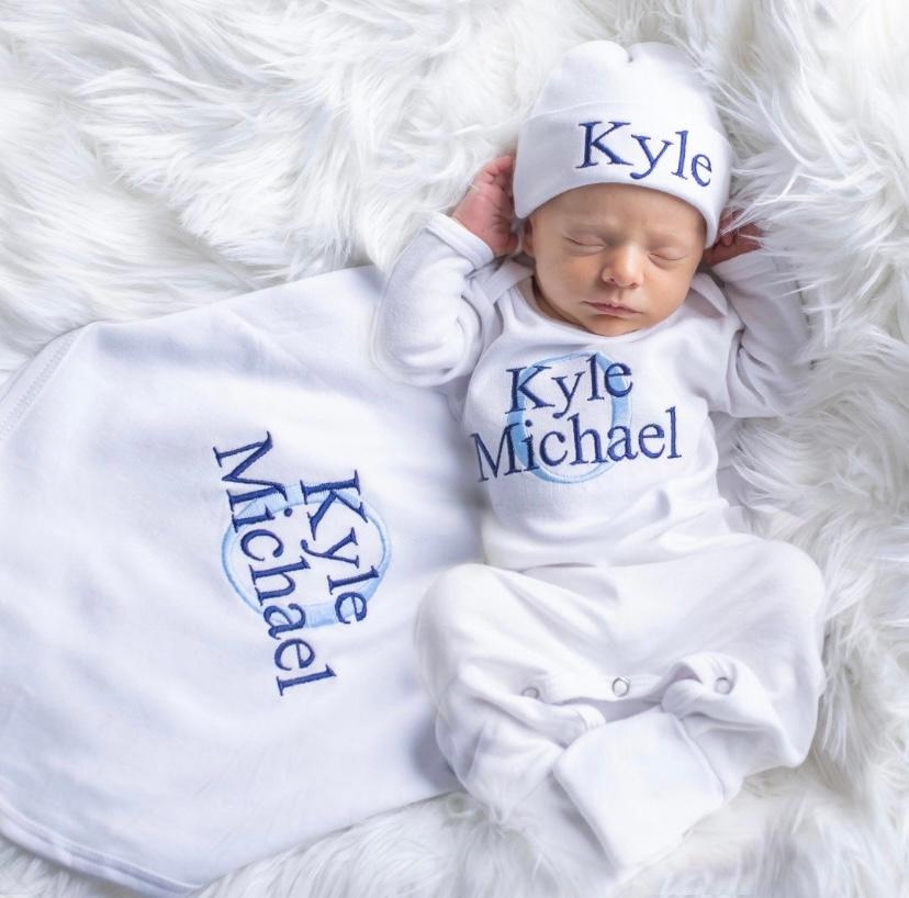 Newborn Boys White Navy & Baby Blue Personalized Romper with Matching Hat
