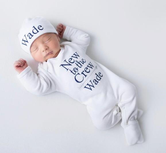 Newborn Boys Personalized New to the Crew Romper with Matching Hat