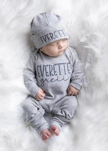 Newborn Boys Couture Personalized Gray Romper with Hat