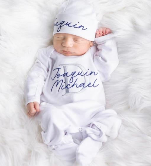Newborn Boys Couture Personalized White, Navy & Gray Romper with Hat