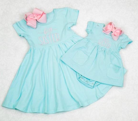 Matching Aqua and Pink Big Sister and Little Sister Dresses