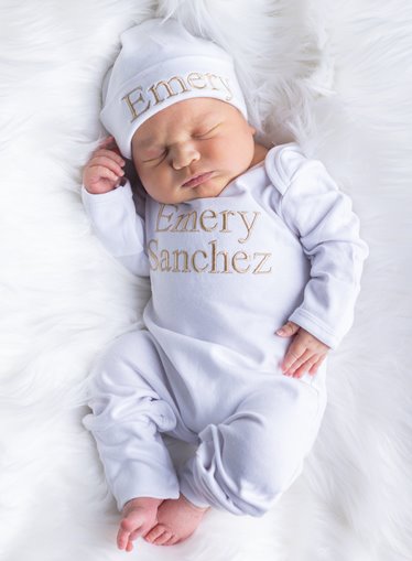 Newborn Boys White and Tan Personalized Romper with Matching Hat