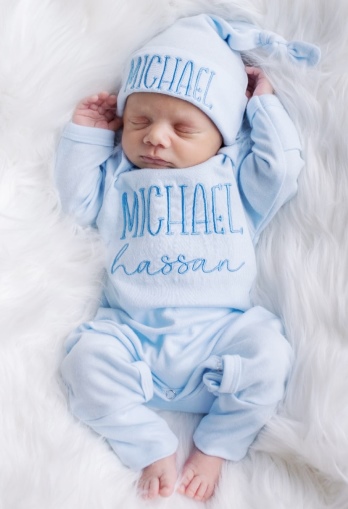 Newborn Boys Couture Personalized Blue Romper with Tie Hat