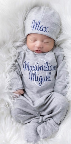 Newborn Boys Couture Personalized Gray & Blue Romper with Hat