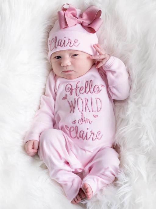 Pink & Mauve Hello World Personalized Romper with Matching Hat