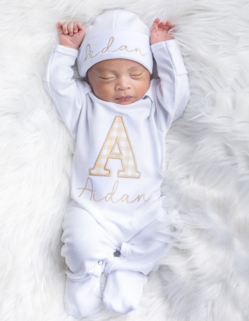 Newborn Boys White and Tan Checkered Couture Personalized Romper with Matching Hat