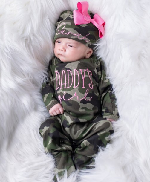 Baby Girls Personalized Camouflage Daddy's Girl Romper with Matching Bow Hat