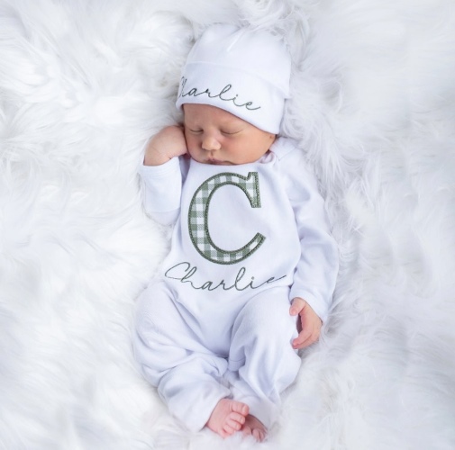 Newborn Boys White & Sage Green Plaid Couture Personalized Romper with Matching Hat