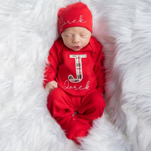 Newborn Boys Personalized Christmas Holiday Coming Home Outfit with Matching Hat