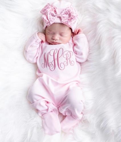 Newborn Girls Pink and Blush Personalized Romper and Leopard Bow Hat