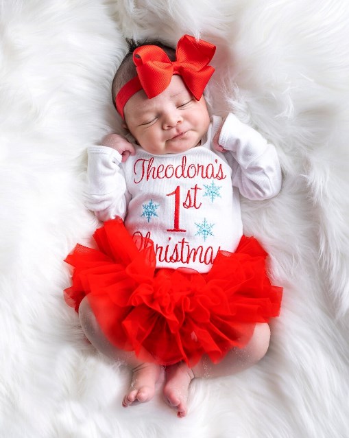 Newborn Girls Personalized First Christmas 3pc. Onesie Tutu Diaper Cover and Headband Outfit Set-
