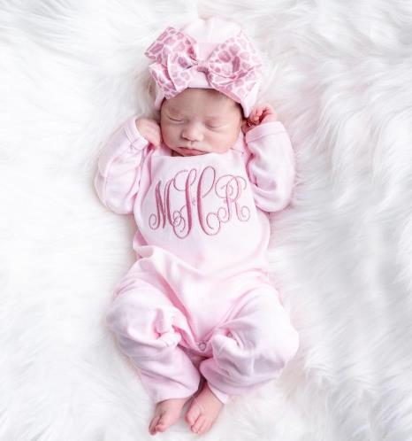 Newborn Girls Pink and Blush Personalized Romper and Leopard Bow Hat
