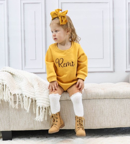 Baby Girls Mustard Personalized Bubble Sweatshirt Romper