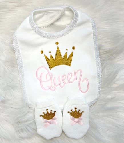 Newborn Baby Girl Queen Bib and Mittens Gift Set