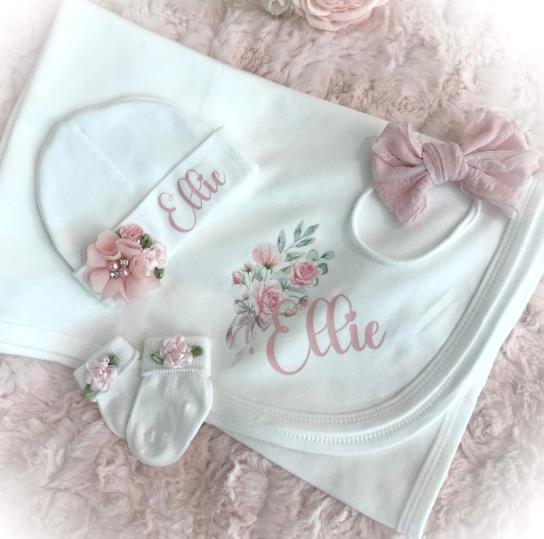 Newborn Baby Girls Floral Pearl Personalized Romper Layette