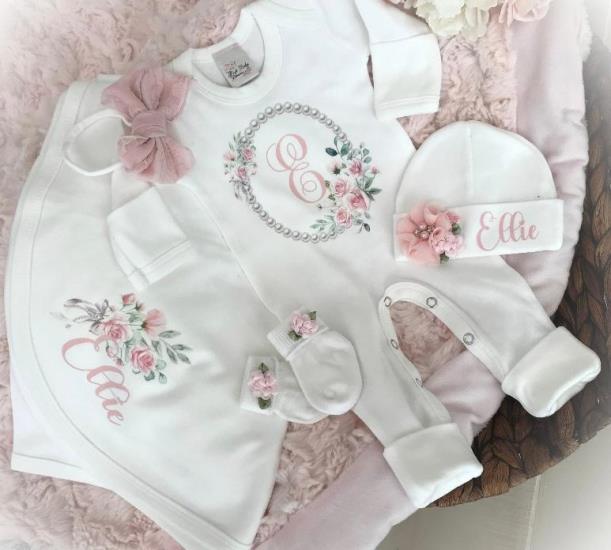Newborn Baby Girls Floral Pearl Personalized Romper Layette