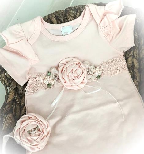 Blush Flutter Sleeve Couture Romper with Matching Headband