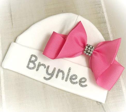Baby Girls Personalized Newborn Ivory Hat with Hot Pink Bow